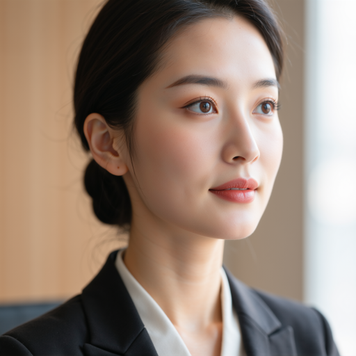 三十五岁左右女性头像,穿白色衬衫,黑色外套,专业商务形象,专注工作表情